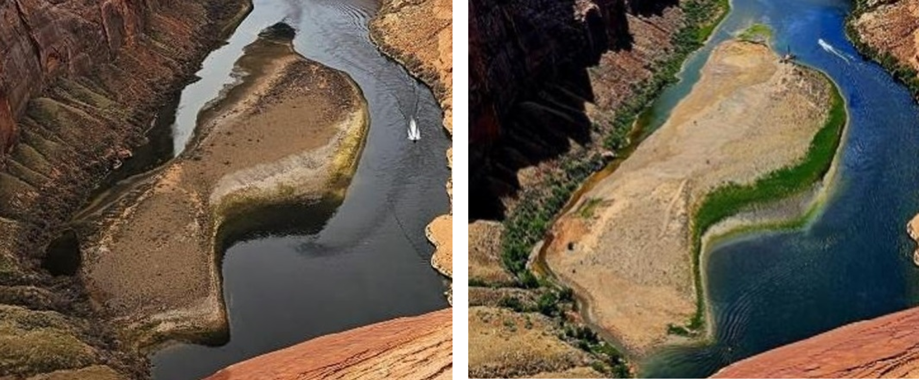 Photos of before (left photo) and after (right photo) the channelization of the slough area. In the bottom left of the "before" photo, you can see a ponded slough and wider channel; a narrowed channel through the project site replaced these features and can be seen in the "after" photo
